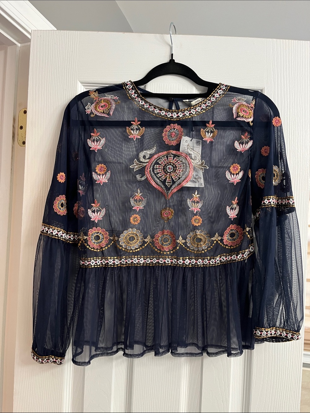 ZARA Embroidered Navy Sheer Peasant Blouse - Floral Detail